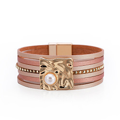 sz00215-2 Bohemian Multi-layer Leather Buckle Pearl Bracelet - Ethnic Style, Magnetic Clasp Jewelry.