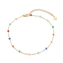 Golden Stainless Steel Satellite Chain Anklets, with Enamel, Colorful, Golden, 9-3/4 inch(24.8cm)