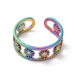 Rainbow Color Ion Plating(IP) 304 Stainless Steel Flower Open Cuff Ring Finding, Pad Ring Settings, Rainbow Color, Inner Diameter: 18mm, Tray: 1.2mm