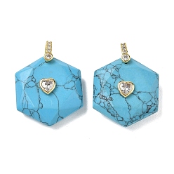 Synthetic Turquoise Synthetic Turquoise Faceted Pendants, Hexagon Charms with Brass Pave Heart Clear Cubic Zirconia Findings, Golden, 38x28.5x13mm, Hole: 5.5x4.5mm