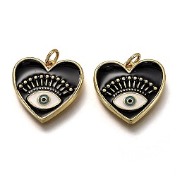 Real 18K Gold Plated Brass Micro Pave Cubic Zirconia Pendants, with Enamel and Jump Rings, Heart with Eye, Black, Real 18K Gold Plated, 18x19x2.4mm, Hole: 3.2mm