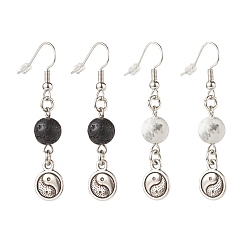 Howlite 2 paire 2 style pierre de lave naturelle et howlite avec de longues boucles d'oreilles pendantes yin yang, bijoux en laiton pour femmes, 49~50mm, pin: 0.7 mm, 1 paire/style