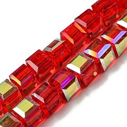 Red Electroplate Glass Beads Strands, Half Rainbow Plated, Faceted, Cube, Red, 7~7.5x7~7.5x7~7.5mm, Hole: 1mm