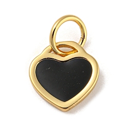 Black Rack Plating Brass Charms, with Jump Ring and Enamel, Cadmium Free & Lead Free, Long-Lasting Plated, Heart Charm, Real 18K Gold Plated, Black, 10x9.5x1mm, Hole: 4.4mm