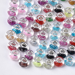 Mixed Color Resin European Beads, Large Hole Beads, with Glitter Powder and Platinum Tone Brass Double Cores, Rondelle, Mixed Color, 13.5~14x8.5~9mm, Hole: 5mm