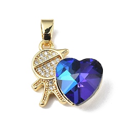 Blue Real 18K Gold Plated Rack Plating Brass Micro Pave Clear Cubic Zirconia Pendants, with Glass, Long-Lasting Plated, Cadmium Free & Lead Free, Boy with Heart Charm, Blue, 19.5x18x7.5mm, Hole: 5.5x3.5mm