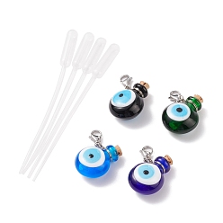 Mixed Color Handmade Lampwork Evil Eye Perfume Bottle Pendant Decorations, Lobster Clasp Charms, with Plastic Transfer Pipettes, Mixed Color, Pendant Decoration: 40mm, Capacity: 0.5~1ml(0.02~0.03fl. oz), Pipette: 114x7.5mm, 2pcs/set