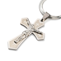 Stainless Steel Color 304 Stainless Steel Cross with Jesus Pendant Necklaces, Snake Chains Necklaces for Women, Stainless Steel Color, 16.57~16.73 inch(42.1~42.5cm)