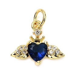 Синий Подвески в форме сердца с крыльями из латуни с микропаве из кубических цирконий, со стеклом, стойки покрытие, долговечный, без кадмия и без свинца, золотые, с целью перехода в кольце, синие, 12x14x3 мм, отверстие : 3.3 мм