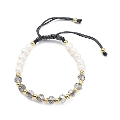 Light Grey Adjustable Natural Pearl & Glass & Brass Braided Beaded Bracelet for Women, Light Grey, Inner Diameter: 1-3/4~3-1/8 inch(4.6~7.9cm)