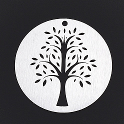 Silver Aluminium Big Pendants, Laser Cut Big Pendants, Flat Round with Tree, Silver Color Plated, 50x1mm, Hole: 3mm