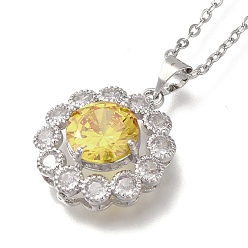 Желтый 304 из нержавеющей стали кабель цепи ожерелья, латунные прозрачные кубические циркониевые ожерелья с подвесками в виде цветка, платины и нержавеющая сталь цвет, желтые, 17.91 дюйм (45.5 см)