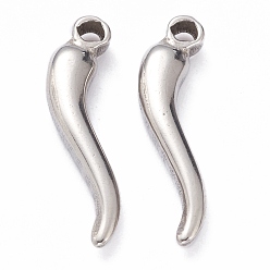 Stainless Steel Color 201 Stainless Steel Pendants, Horn of Plenty, Italian Horn Cornicello, Stainless Steel Color, 19.5x5.5x3mm, Hole: 1.6mm
