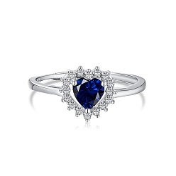 Dark Blue Rhodium Plated 925 Sterling Silver Adjustable Rings, Birthstone Ring, with Cubic Zirconia Heart & 925 Stamp for Women, Real Platinum Plated, Dark Blue, 1.6mm, US Size 7(17.3mm)