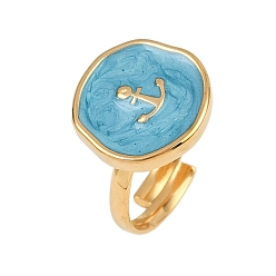 Темно-Голубой 304 эмалированные открытые манжеты из нержавеющей стали для женщин, ионное покрытие (ip), золотые, плоские круглые с якорем, глубокое синее небо, внутренний диаметр: 17.2 мм, плоско-круглые: 15x15 mm