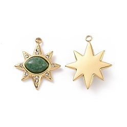 African Jade Natural African Jade Pendants, with Ion Plating(IP) Real 18K Gold Plated 304 Stainless Steel Micro Pave Cubic Zirconia Findings, Star Charm, 22x18.5x5mm, Hole: 1.8mm