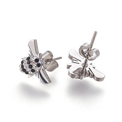 Stainless Steel Color 304 Stainless Steel Stud Earrings, with Enamel and Rhinestone, Bees, Stainless Steel Color, 8x12.5x3mm, Pin: 0.7mm