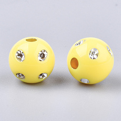 Yellow Plating Acrylic Beads, Metal Enlaced, Round, Yellow, 9~10x9mm, Hole: 2mm, about 1000pcs/500g