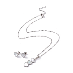 Stainless Steel Color Natural Shell Heart Stud Earrings & Pendant Necklace, 304 Stainless Steel Jewelry Set for Women, Stainless Steel Color, 17.72 inch(45cm), 9x10.5mm, Pin: 0.8mm