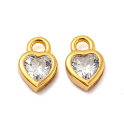 Heart Real 18K Gold Plated 925 Sterling Silver Charms, with Clear Cubic Zirconia, with S925 Stamp, Heart, 6x4x2mm, Hole: 1.2mm