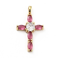 Cerise Rack Plating Brass Micro Pave Cubic Zirconia Pendants, Long-Lasting Plated, Lead Free & Cadmium Free, Cross, Real 18K Gold Plated, Religion, Cerise, 28.5x17x5mm, Hole: 2.5x4mm