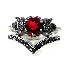 red Gothic Purple Crystal Ring with Triple Moon Goddess - Black Diamond Jewelry for Women