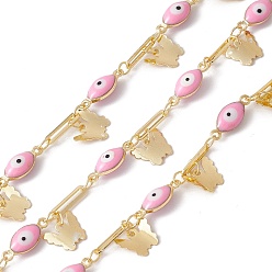 Pearl Pink Enamel Horse Eye & Oval Link Chains, with Brass Butterfly Charms, Real 18K Gold Plated, Soldered, Long-Lasting Plated, with Spools, Pearl Pink, 13x5x4.5mm, 10x2.5x0.6mm