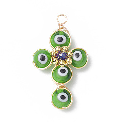 Olive Drab Brass Wire Wrapped Handmade Evil Eye Lampwork Pendants, with Glass Beads, Cross Charm, Olive Drab, 40x24x8.5mm, Hole: 3mm