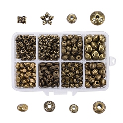 Antique Bronze Tibetan Style Alloy Spacer Beads, Flat Round & Column & Rondelle & Flower &  Barrel & Bicone, Antique Bronze, Plastic Boxes: 11x7x3cm, Spacer Beads: 5~10.5x3~7.5mm, Hole: 1~3.5mm