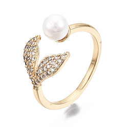 Real 18K Gold Plated Brass Micro Pave Clear Cubic Zirconia Cuff Rings, Open Rings, with ABS Plastic Imitation Pearl Beads, Nickel Free, Mermaid Tail Shape, Real 18K Gold Plated, Size 8, Inner Diameter: 18mm