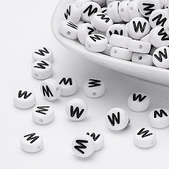 Letter W Acrylic Beads, with Horizontal Hole, Letter, Flat Round, Letter.W, 7x4mm, Hole: 1mm, about 3500pcs/500g