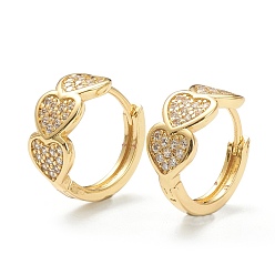 Real 18K Gold Plated Brass Micro Pave Clear Cubic Zirconia Huggie Hoop Earrings, Ring with Heart, Real 18K Gold Plated, 13x14x2.5~7.5mm, Pin: 1mm