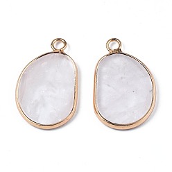 Quartz Crystal Natural Quartz Crystal Pendants, Rock Crystal Pendants, with Golden Plated Brass Edge and Loop, Bean, 25.5x16x2mm, Hole: 2.5mm