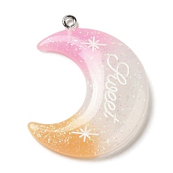 White Gradient Color Translucent Resin Pendants, Glitter Moon Charms with Platinum Tone Iron Loops, White, 40x34x5mm, Hole: 2mm