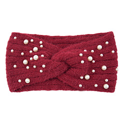 Crimson Acrylic Fiber Knitted Yarn Warmer Headbands, with Plastic Imitation Pearl, Soft Stretch Thick Cable Knit Head Wrap for Women, Crimson, 210x110mm