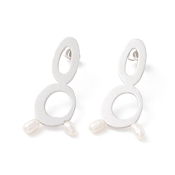 Stainless Steel Color Infinity with Natural Pearl Dangle Stud Earrings for Women, Stainless Steel Color, 37x19mm, Pin: 0.7mm
