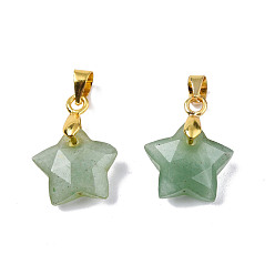 Green Aventurine Natural Green Aventurine Charms, with Golden Plated Brass Findings, Faceted Star, Star: 12x12.5x5.5mm, Hole: 3.5x4mm