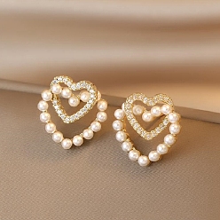 Cœur Boucles d'oreilles en alliage de strass pour femmes, avec perles d'imitation et épingle en argent sterling, cœur, 925mm