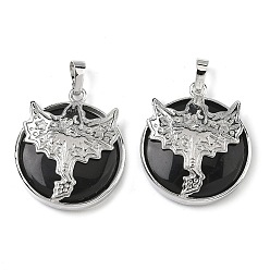 Обсидиан Плоские круглые подвески из натурального обсидиана, латунные драконьи драгоценные камни амулеты, платина, стойки покрытие, без кадмия и без свинца, 31.5x27x7.5~8.5 мм, отверстие : 8x5 мм