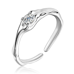 Platinum Rhodium Plated 925 Sterling Silver Open Cuff Ring, Clear Cubic Zirconia Simple Thin Ring for Women, Platinum, US Size 5 1/4(15.9mm)