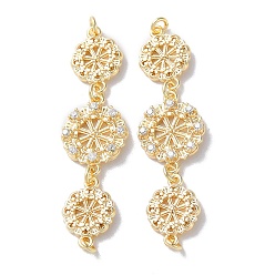 Real 18K Gold Plated Brass Pave Clear Cubic Zirconia Connector Charms, Triple Flower Links with Jump Rings, Real 18K Gold Plated, 37x10x3mm, Hole: 1.2mm