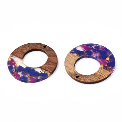 Dark Orchid Transparent Resin & Walnut Wood Pendants, with Gold Foil, Donut Charms, Dark Orchid, 38x3mm, Hole: 2mm