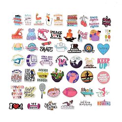 Mixed Color 50Pcs Inspirational Health Theme Cartoon English Word Paper Sticker Label Set, Adhesive Label Stickers, for Suitcase & Skateboard & Refigerator Decor, Mixed Color, 28~67x28~62x0.2mm