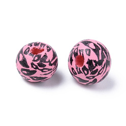 Ярко-Розовый Расписные бусы из натурального дерева, напечатанный, круглый с леопардовым принтом, ярко-розовый, 10x9 мм, отверстие : 2.5 мм