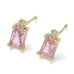 Pink Brass Micro Pave Clear Cubic Zirconia Stud Earrings, Rectangle, Long-Lasting Plated, Rack Plating, Lead Free & Cadmium Free, Real 18K Gold Plated, Pink, 9x5mm
