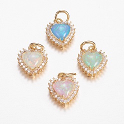 Mixed Color Brass Micro Pave Cubic Zirconia Charms, with Synthetic Opal, Heart, Golden, Mixed Color, 14x11.5x5mm, Hole: 4mm