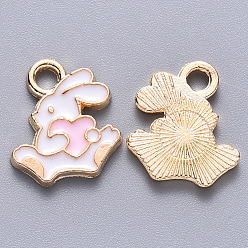 Pearl Pink Alloy Enamel Charms, Rabbit with Heart, Light Gold, Pearl Pink, 13.5x12x1.5mm, Hole: 2mm