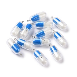 Deep Sky Blue Translucent Plastic Pendants, Pill Capsule Charm, with Platinum Tone Iron Loops, Deep Sky Blue, 29x10.5mm, Hole: 2mm