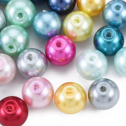 Mixed Color Glass Imitation Pearl Beads, Round, with Column Acrylic Bead Containers, Mixed Color, 8.5x7.5mm, Hole: 1mm, Box: 85x85x85
