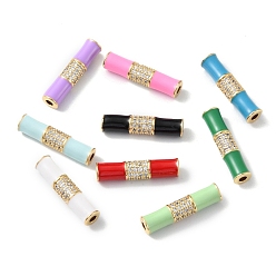 Mixed Color Rack Plating Brass Clear Micro Pave Cubic Zirconia Beads, with Enamel, Long-Lasting Plated, Real 18K Gold Plated, Cadmium Free & Lead Free, Tube, Mixed Color, 20.5x5mm, Hole: 1.8mm
